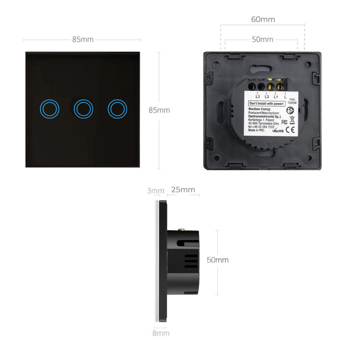 Maclean Energy MCE705B Touch light switch, triple, glass, black with round button, dimensions 86x86mm, with button illumination