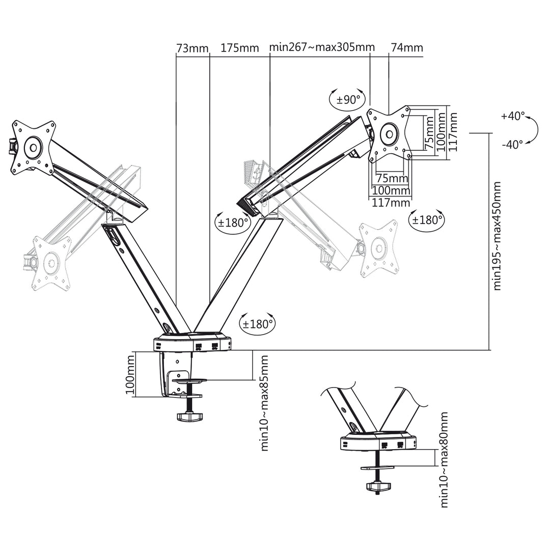 NanoRS RS887 Gaming Bracket for 2 LCD Monitors Holder 17'' - 32" 2x 8kg VESA USB LED Backlight