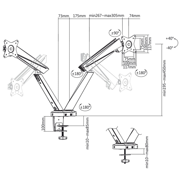 NanoRS RS887 Gaming Bracket voor 2 LCD-monitors Holder 17 ''-32 " 2x 8kg VESA USB LED Achterlicht