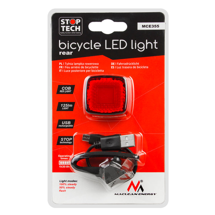 Maclean MCE355 Bike Tail Light Rear Light COB LED Light 125 Lumens USB Rechargeable Battery 3 Flashing Modes IP44 Waterproof