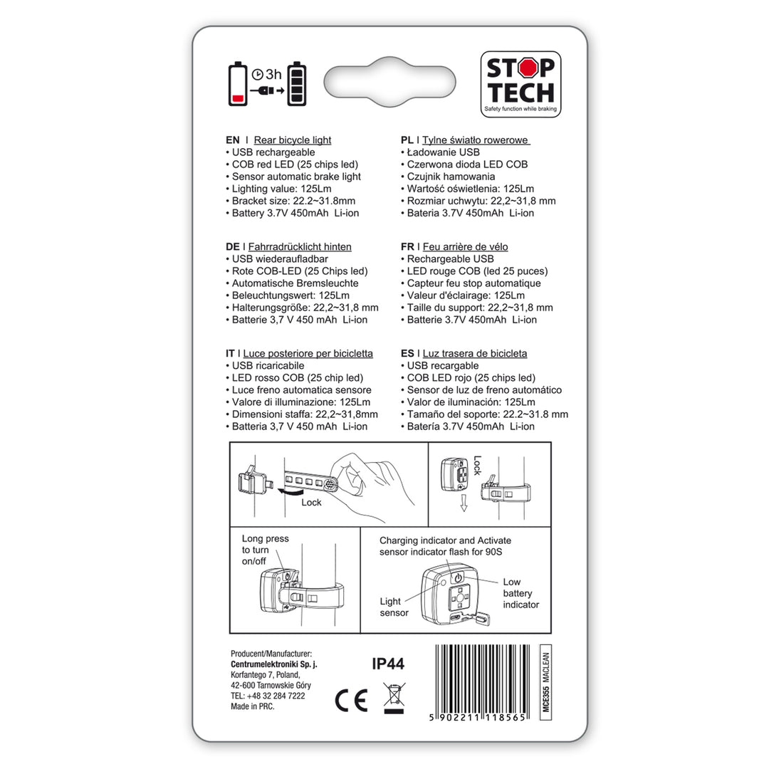 Achterfiets LED-licht Fietstrilling Schemersensor 3 modi IP44 Waterdicht