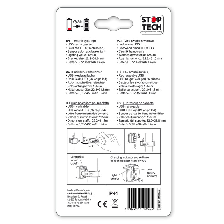 Achterfiets LED-licht Fietstrilling Schemersensor 3 modi IP44 Waterdicht