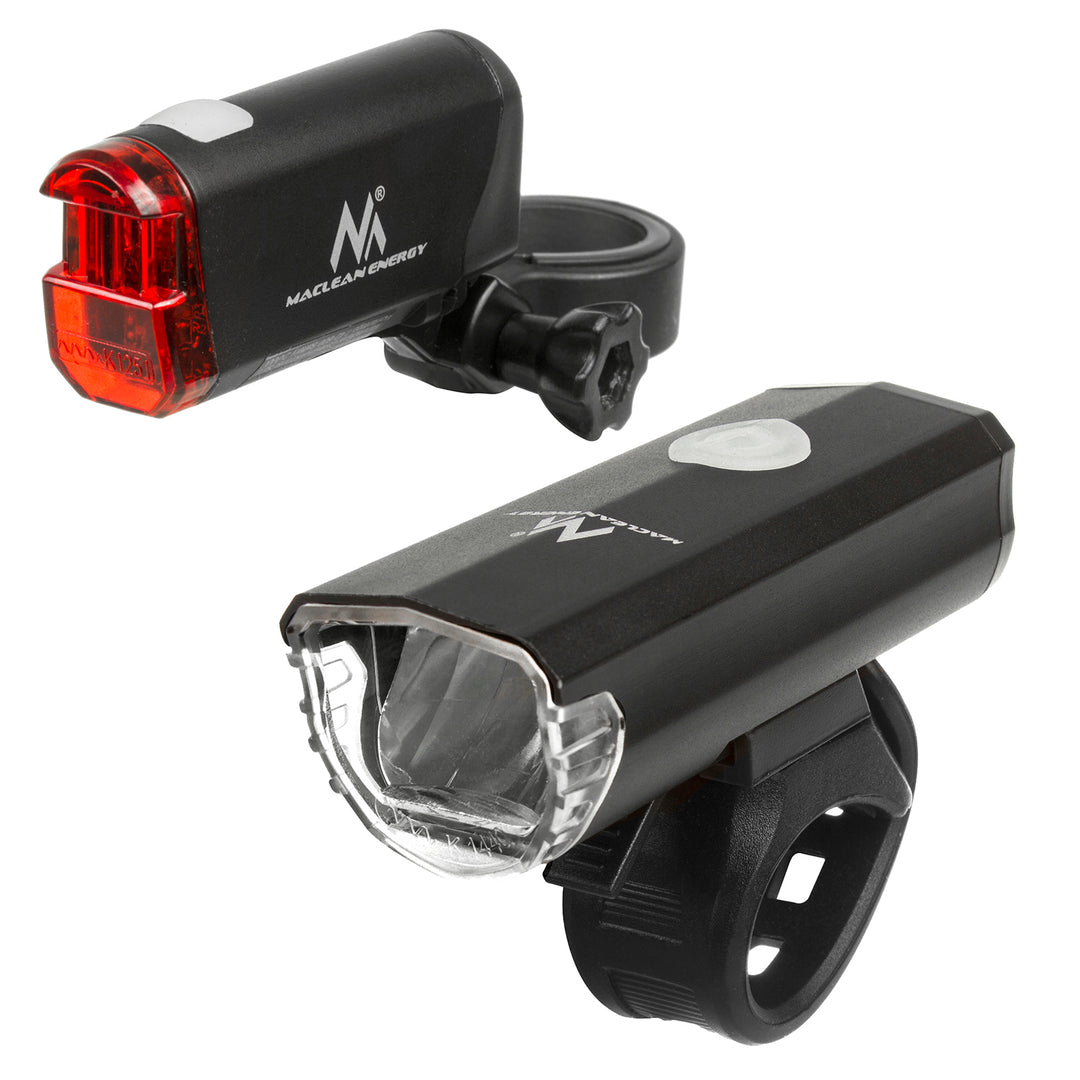 Iluminación LED para bicicleta en la parte delantera + trasera, la parte delantera tiene 2 modos de iluminación y una batería incorporada de 1500 mAh, la parte trasera 2xAAA con certificación DE (StVZO), Maclean Energy MCE312