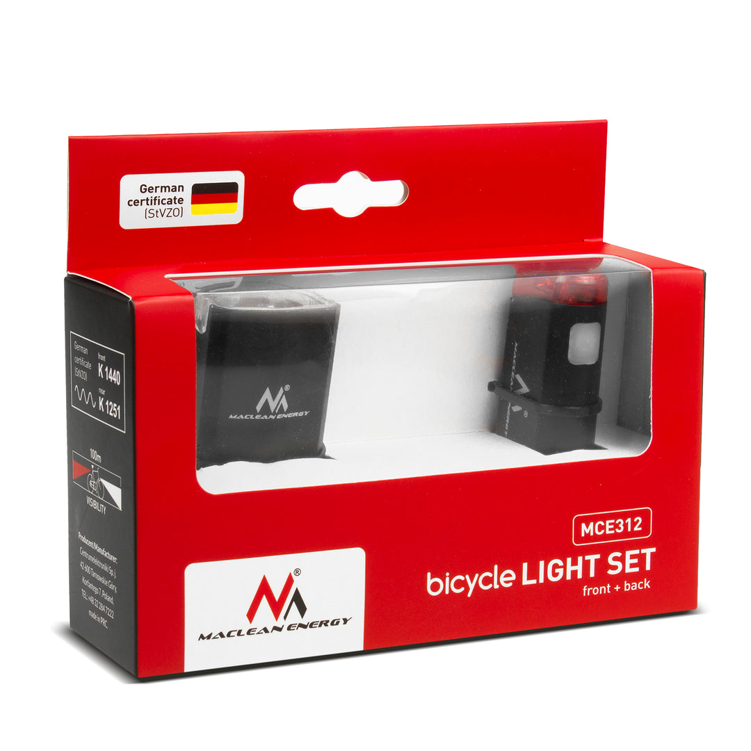 Iluminación LED para bicicleta en la parte delantera + trasera, la parte delantera tiene 2 modos de iluminación y una batería incorporada de 1500 mAh, la parte trasera 2xAAA con certificación DE (StVZO), Maclean Energy MCE312