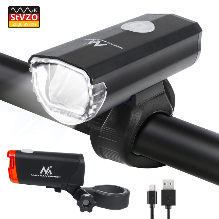 Fietsverlichting LED voorkant + achterkant Maclean Energy MCE312, voorkant heeft 2 verlichtingsmodi en de ingebouwde accu 1500mAh - achterkant 2xAAA met DE (StVZO) certificaat