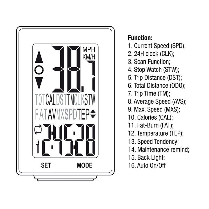 Maclean Energy MCE310 16-in-1 draadloze fietscomputer, gemakkelijk af te lezen display met achtergrondverlichting