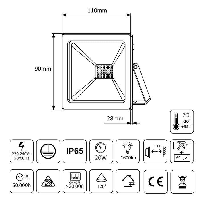 Proyector LED slim 20W, 1600lm Blanco Cálido (3000K) Maclean Energy MCE520 WW, IP65, PREMIUM