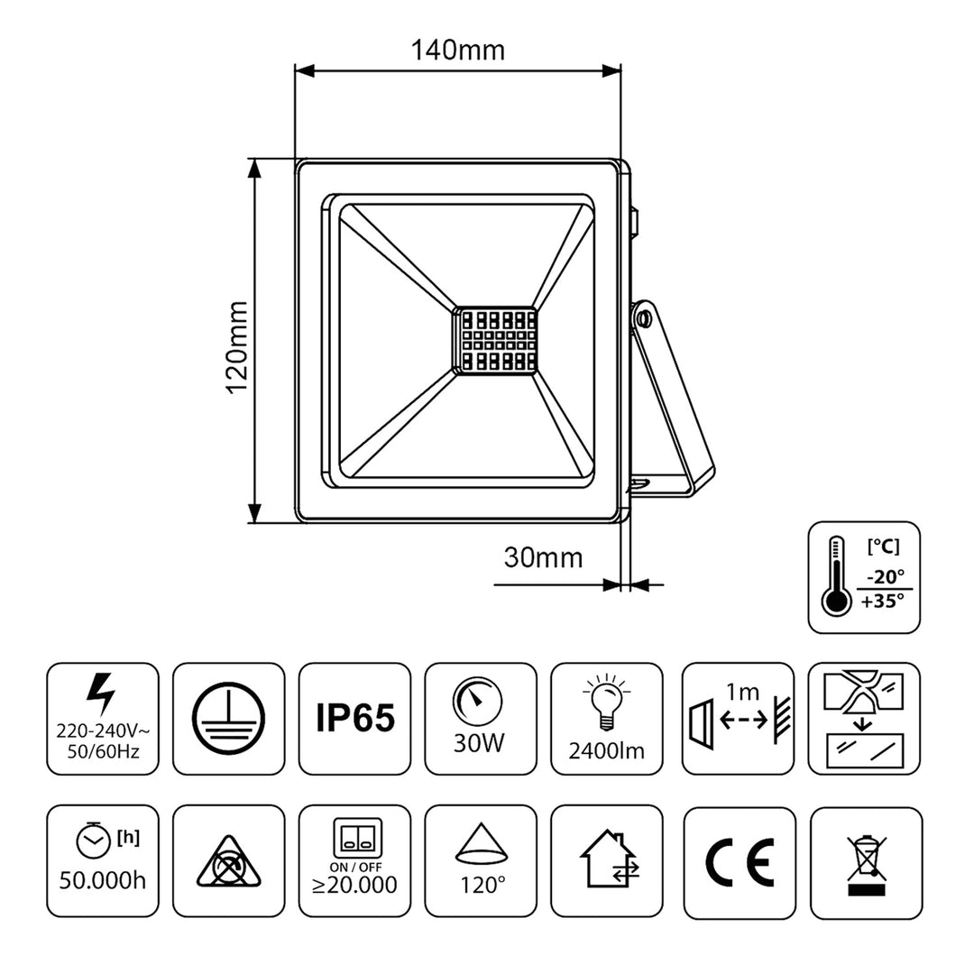 Proyector LED slim 30W, 2400lm Blanco Cálido (3000K) Maclean Energy MCE530 WW, IP65, PREMIUM