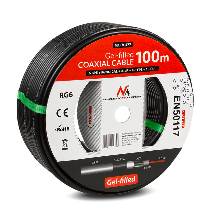 Maclean MCTV-477 Coaxial Gel Cable RG6 100M 1.0CU + 4.6FPE + AL / P + 96*0.12AL + 6.8PE