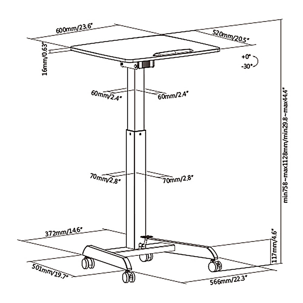 Höhenverstellbarer Laptoptisch mit Rollen Sitz-steh-Schreibtisch Gasfeder Höhenverstellbar bis max. 113cm 30 Grad Neigbar Belastbar bis 8kg