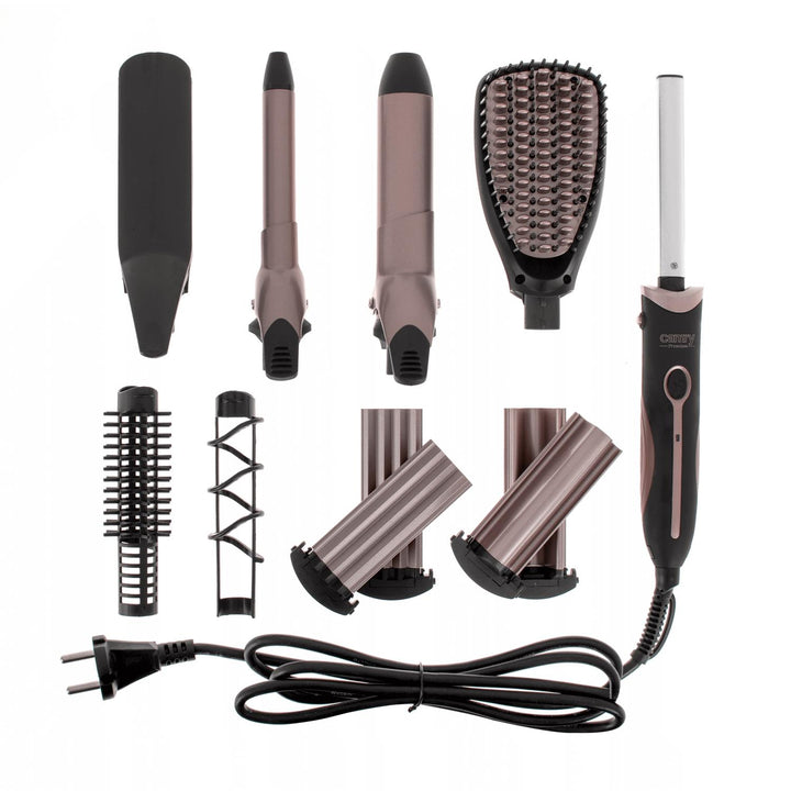 5-in-1 kit - straightening brush, 3D wavy and crimping plates, 19 and 32 mm curlers and 2 additional heads