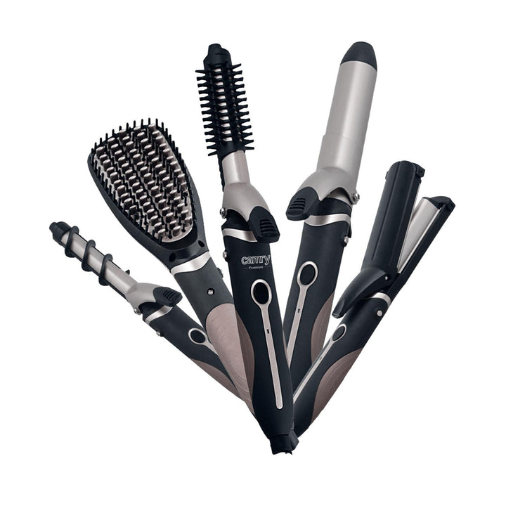 5-in-1 kit - straightening brush, 3D wavy and crimping plates, 19 and 32 mm curlers and 2 additional heads