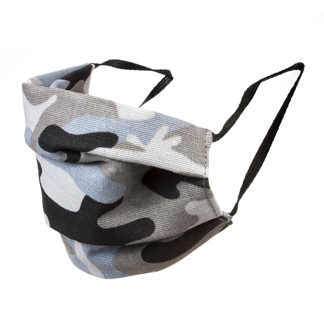 Herbruikbaar beschermend masker met een katoenen elastiek - grijze en blauwe camouflage