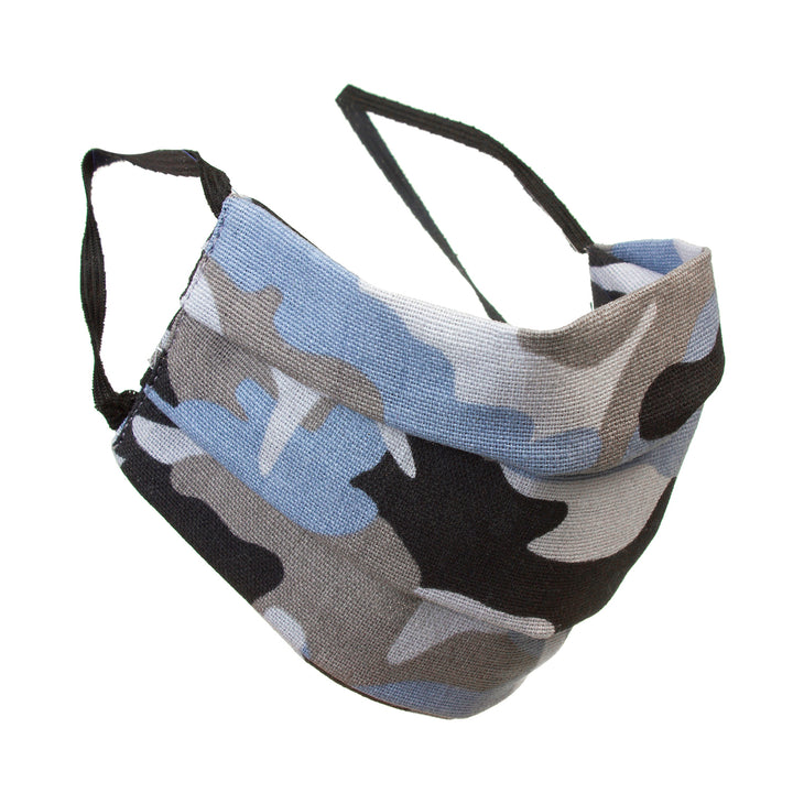 Masque de protection réutilisable avec un élastique en coton - couleur camouflage gris et bleu