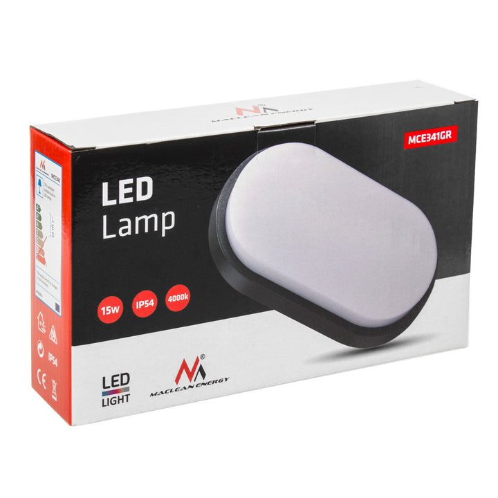 Maclean Energy MCE341 Lampe à DEL et feu de plafond GR 1100lm 15W IP54 gris, blanc naturel (4000K)