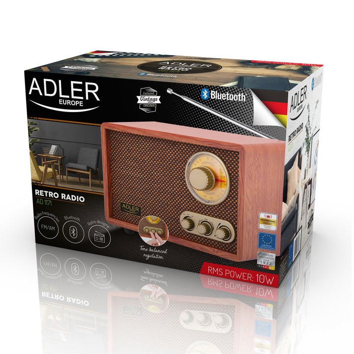 Radio FM AM rétro avec Bluetooth Adler AD 1171 avec boîtier en bois