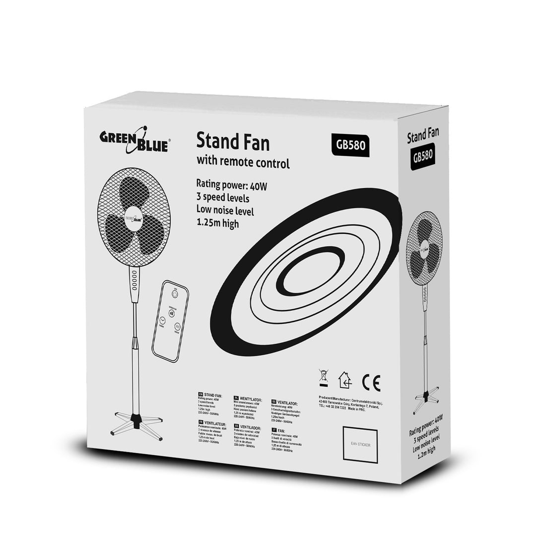 Ventilador de pedestal con mando a distancia, 40W con 3 niveles de flujo de aire, GreenBlue GB580