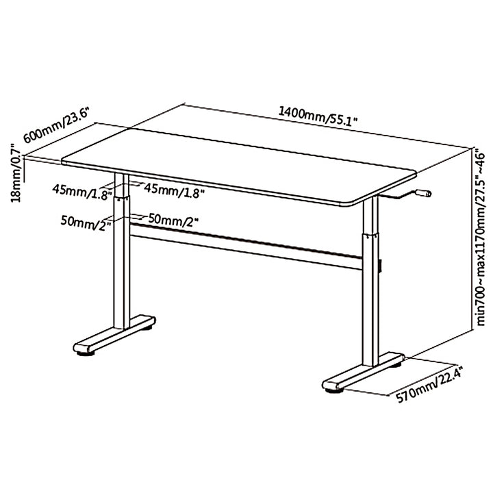 Ergo Office - Zit-sta bureau 140x60cm Handmatig in hoogte verstelbaar bureau max. 117cm | Ergonomische tafel Belastbaar tot 40kg Zwart