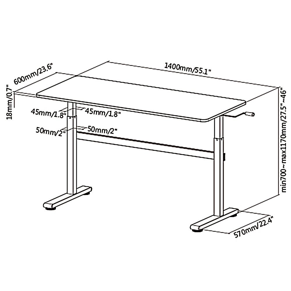 Ergo Office - Zit-sta bureau 140x60cm Handmatig in hoogte verstelbaar bureau max. 117cm | Ergonomische tafel Belastbaar tot 40kg Wit