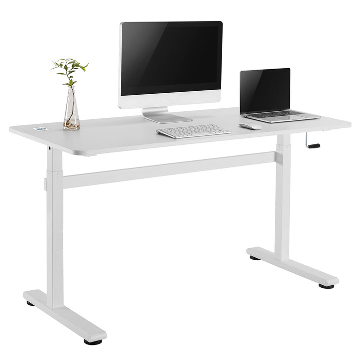 Sitz-Steh-Schreibtisch 140x60cm  Manuell Höhenverstellbarer Bürotisch max. 117cm   Ergonomischer Tisch Belastbar bis 40kg Weiß