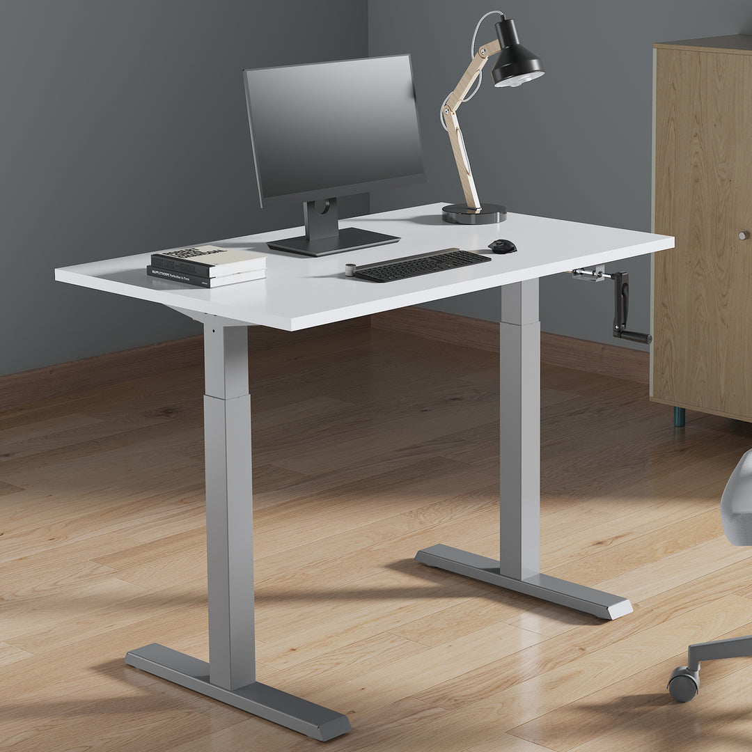 Sitz-Steh-Schreibtisch Tischgestell Manuell Höhenverstellbarer Bürotisch max. 123cm Ergonomischer Tisch Belastbar bis 70kg (Grau)