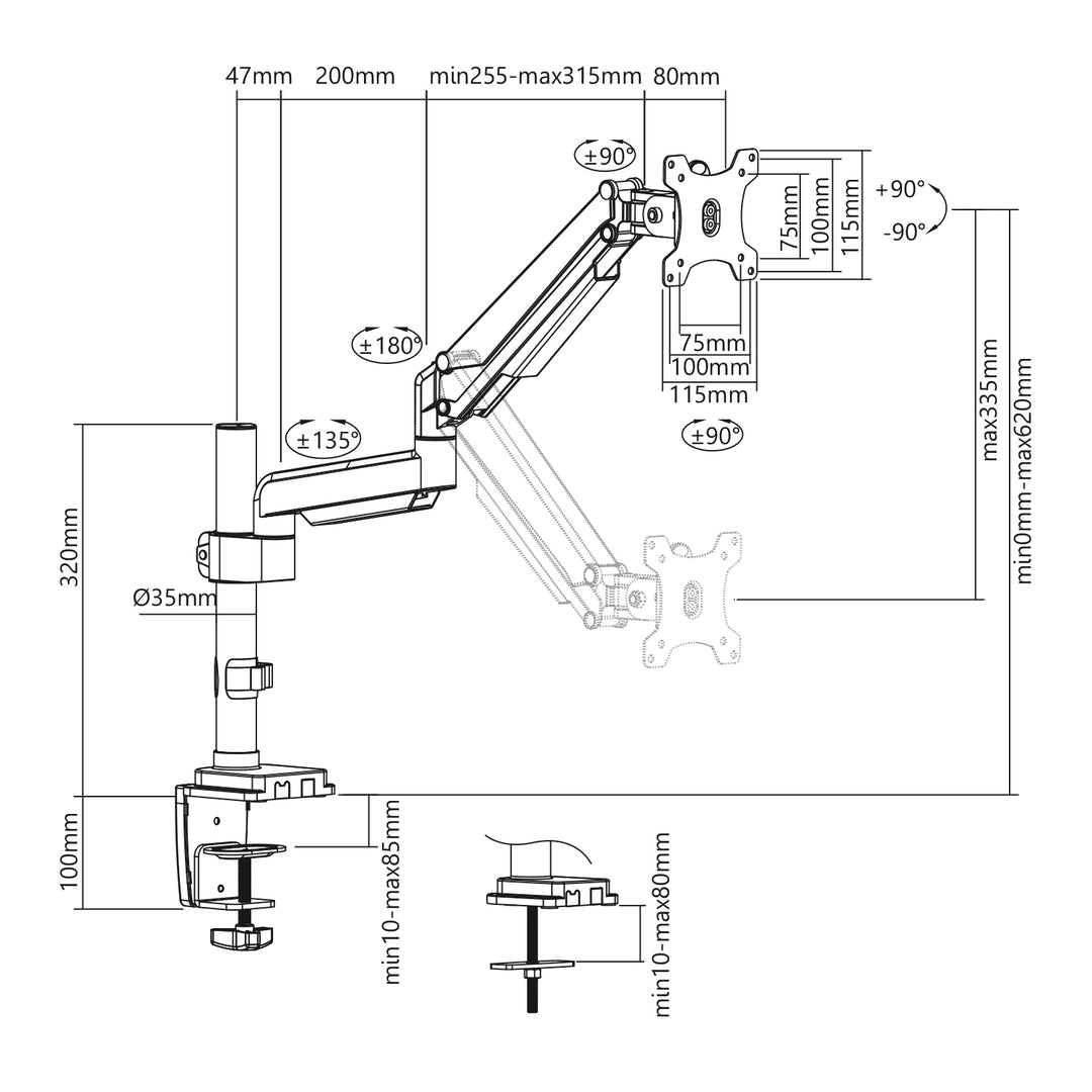 Ergo Office ER-407 Monitorhalterung, Schreibtischhalterung, verstellbar, neigbar, schwenkbar, drehbar, 13" - 32"