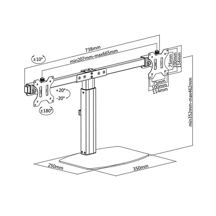 2-Fach Dual Monitorhalterung Freistehend für zwei Monitore - Drehbar / Neigbar - 17-27'' Zoll - VESA 75x75 100x100