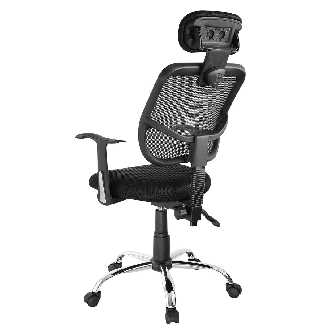 Chaise de bureau noir. Fauteuil de bureau pivotant avec appui-tête et hauteur d'assise réglables. Fabriqué en matériaux durables et résistants. La large base assure une stabilité totale et les accoudoirs garantissent un grand confort d'utilisation.