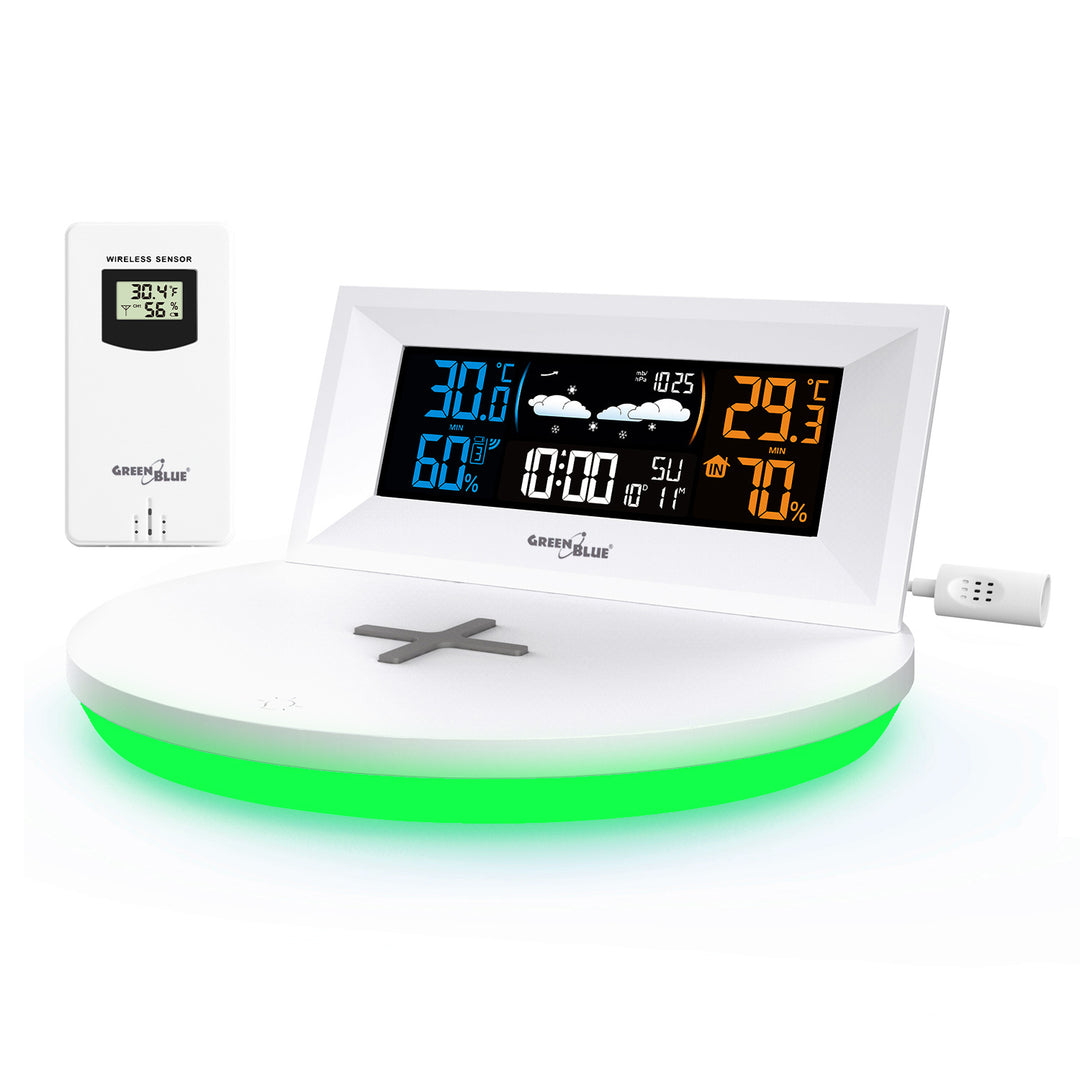 GreenBlue - Draadloos weerstation met draadloze Qi-oplader |  Mood Light Base -  Externe Sensor Binnen- en Buitenthermometer - Wit