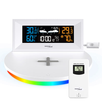 Wireless Weather Station con Wireless Qi Charger Mood Base Previsioni Meteo Calendario Allarme e Snooze Sensore Esterno Indoor e Outdoor Thermometer Color Display