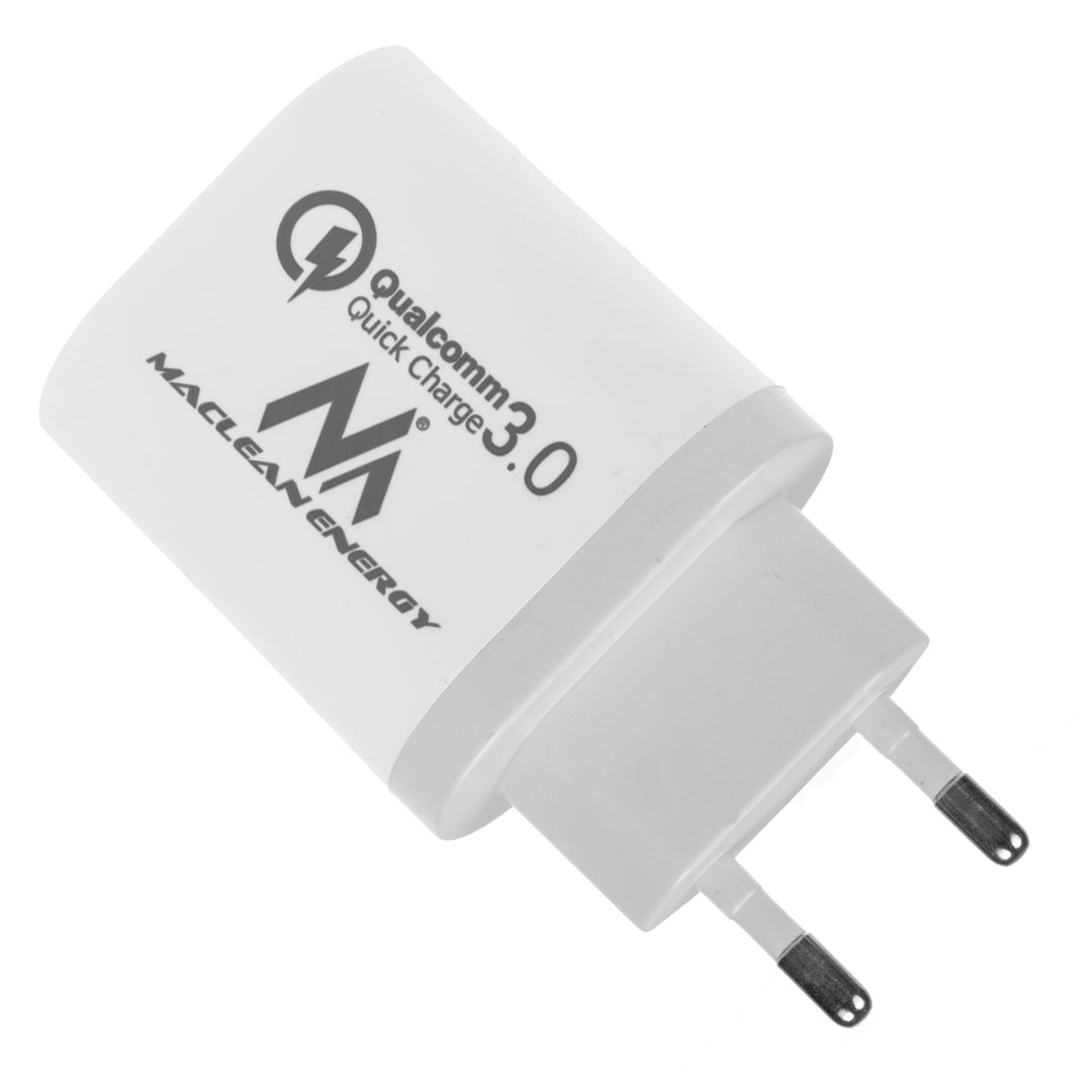 Maclean Energy MCE479 W oplader - wit Qualcomm Quick Charge QC 3.0 - 3.6-6VV / 3A, 6-9V / 2A, 9-12V / 1.5A en 2 stopcontacten 5V / 2.1A Wit