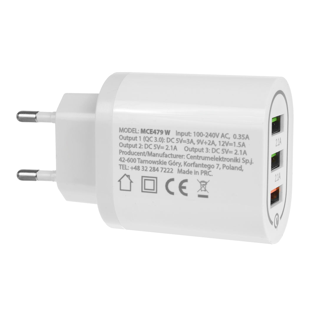 1XQC 3.0 Maclean Energy MCE479 W Ladegerät - Weiß Qualcomm Quick Charge QC 3.0 - 3,6-6VV / 3A, 6-9V / 2A, 9-12V / 1.5A und 2 Buchsen 5V / 2.1A