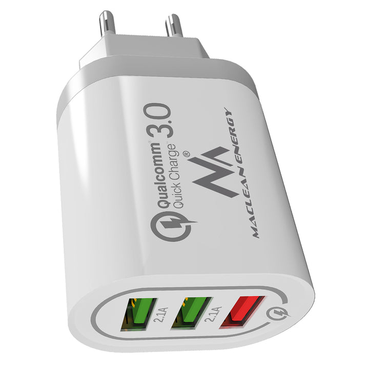 1XQC 3.0 Maclean Energy MCE479 W Ladegerät - Weiß Qualcomm Quick Charge QC 3.0 - 3,6-6VV / 3A, 6-9V / 2A, 9-12V / 1.5A und 2 Buchsen 5V / 2.1A