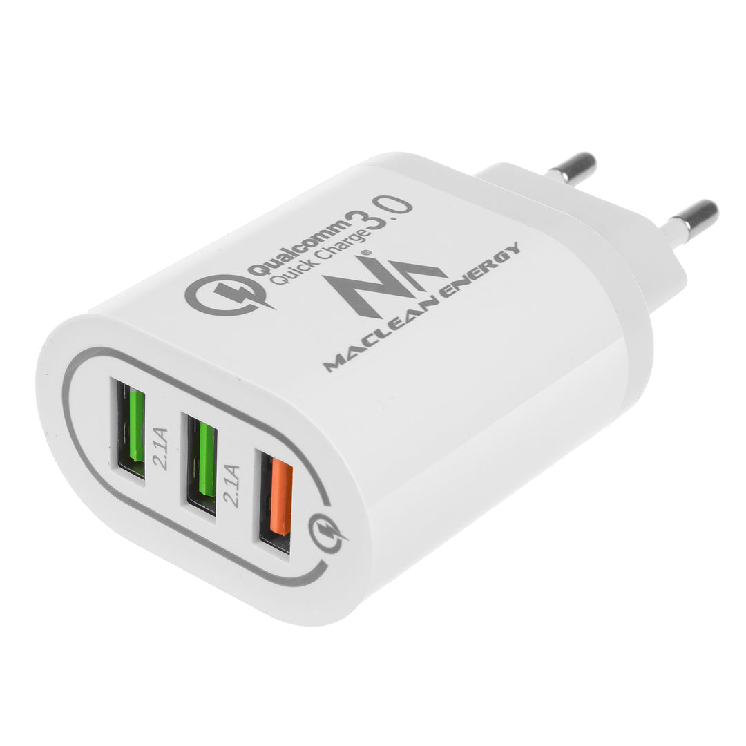 Maclean Energy MCE479 W oplader - wit Qualcomm Quick Charge QC 3.0 - 3.6-6VV / 3A, 6-9V / 2A, 9-12V / 1.5A en 2 stopcontacten 5V / 2.1A Wit