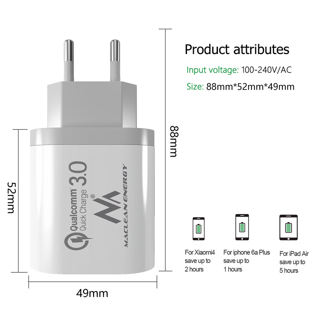 QC 3.0 Cargador USB universal 3x adaptador de carga USB, unidad de fuente de alimentación con función de carga rápida, adaptador 1x Carga rápida 3.6-6V / 3A 6-9V / 2A 9-12V / 1.5 2X 5V / 2.1A (blanco)