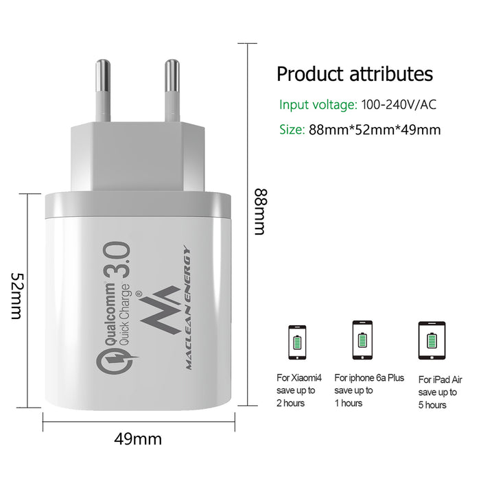 1XQC 3.0 Maclean Energy MCE479 W Ladegerät - Weiß Qualcomm Quick Charge QC 3.0 - 3,6-6VV / 3A, 6-9V / 2A, 9-12V / 1.5A und 2 Buchsen 5V / 2.1A