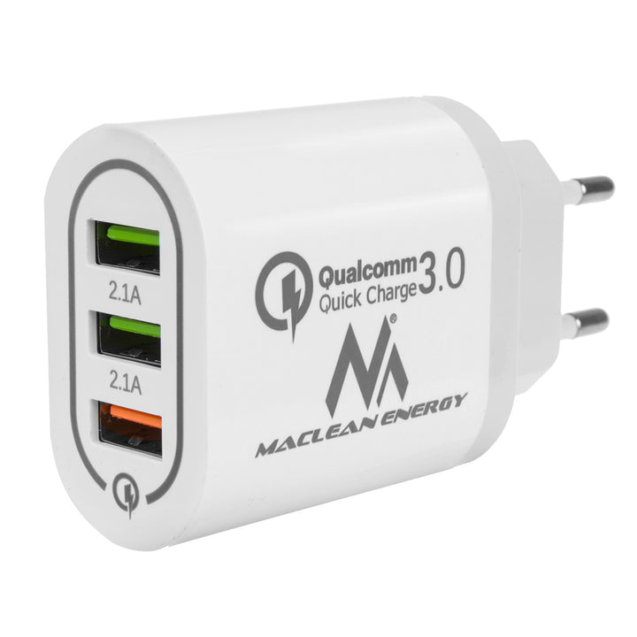 1XQC 3.0 Maclean Energy MCE479 W Ladegerät - Weiß Qualcomm Quick Charge QC 3.0 - 3,6-6VV / 3A, 6-9V / 2A, 9-12V / 1.5A und 2 Buchsen 5V / 2.1A