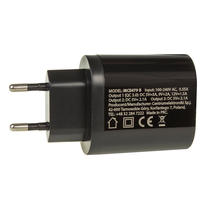 Cargador USB universal QC 3.0 Adaptador de carga 3xUSB Unidad de alimentación con función de carga rápida Adaptador 1x Carga rápida 3.6-6V / 3A 6-9V / 2A 9-12V / 1.5 2X 5V / 2.1A (negro) ...