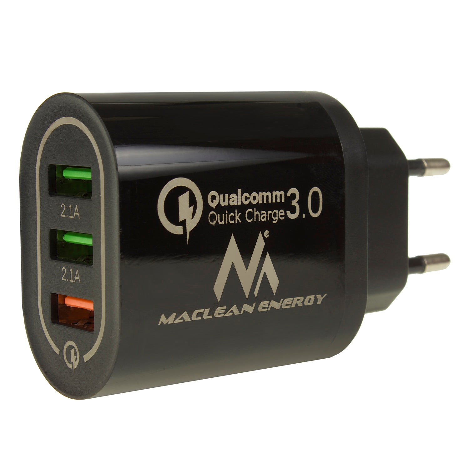 1XQC 3.0 Maclean Energy MCE479 B-Ladegerät - Schwarzer Qualcomm Quick Charge  QC 3.0 - 3,6-6VV / 3A, 6-9V / 2A, 9-12V / 1.5A und 2 Buchsen 5V / 2.1A –  Euroelectronics EU