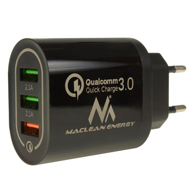 1xQC 3.0 Maclean Energy MCE479 B oplader - zwart Qualcomm Quick Charge QC 3.0 - 3.6-6VV/3A, 6-9V/2A, 9-12V/1.5A en 2 stopcontacten 5V/2.1A