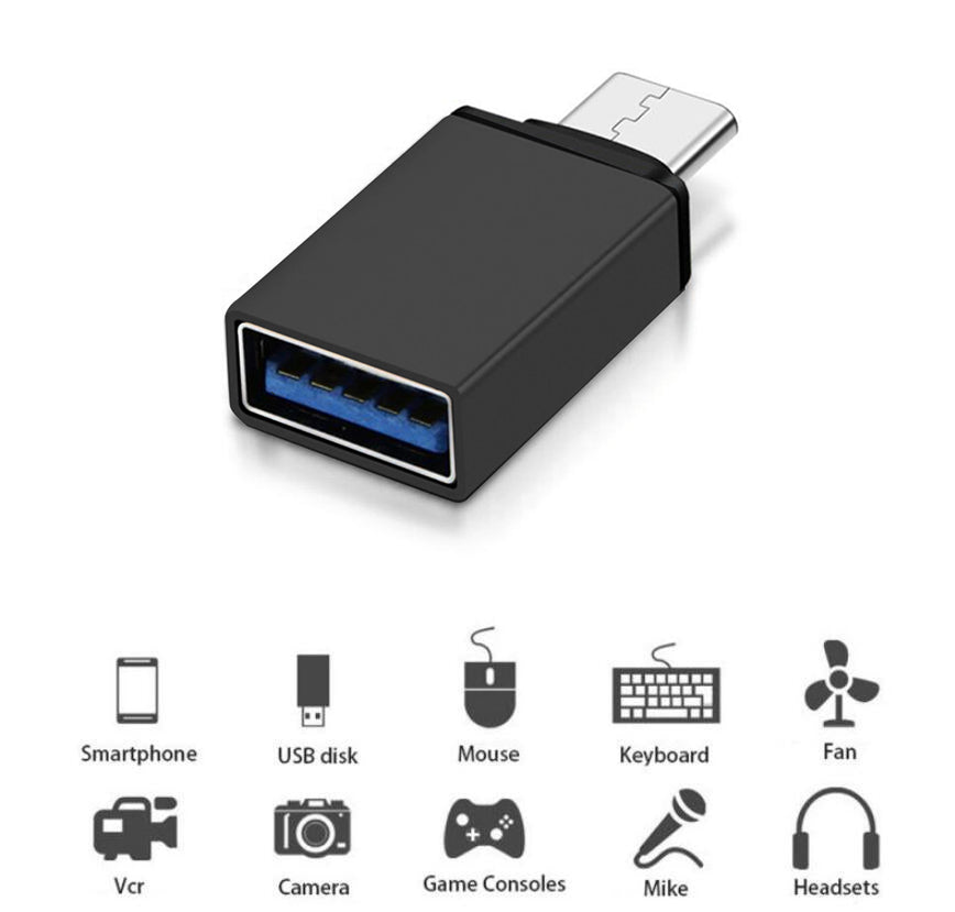 USB A to USB Type-C adapter with OTG function for smartphones and tablets Supports synchronization, data transfer, Plug & Play Black