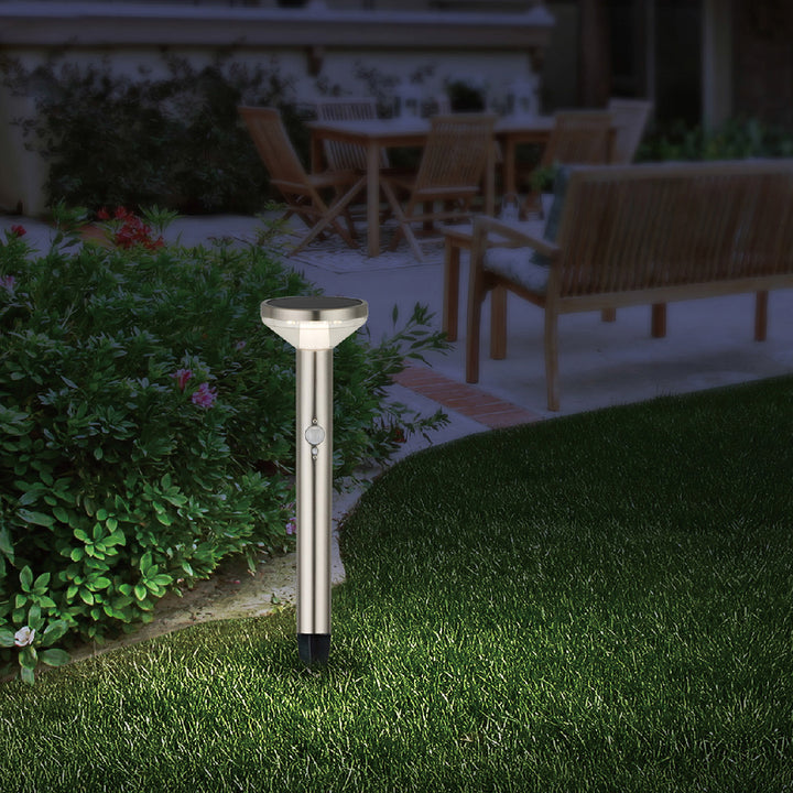 Solar LED lamp with Maclean sensor, matt chrome, IP44, 3 lighting modes, Li-ion 18650 battery 3.7V 1200 mAh, knock-in, MCE465 C / M