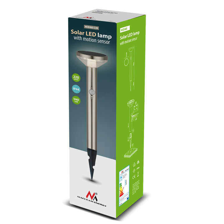 Solar LED lamp with Maclean sensor, matt chrome, IP44, 3 lighting modes, Li-ion 18650 battery 3.7V 1200 mAh, knock-in, MCE465 C / M