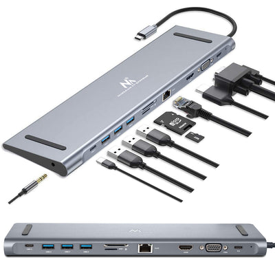 Maclean MCTV-850 Adaptador de concentrador USB tipo C 11 en 1 Adaptador de estación de acoplamiento divisor HDMI / 3x USB 3.0 / USB-C / USB-C PD (suministro de energía) / VGA 1900x1200 @ 60 Hz / RJ-45 / Puerto de audio de 3,5 mm / SD / Lector de tarjetas TF plug and play