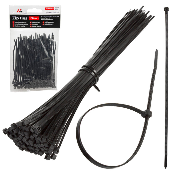 Cable Zip Ties Black UV Resistant - 40°C + 85°C 100mm Flexible 100 PCS