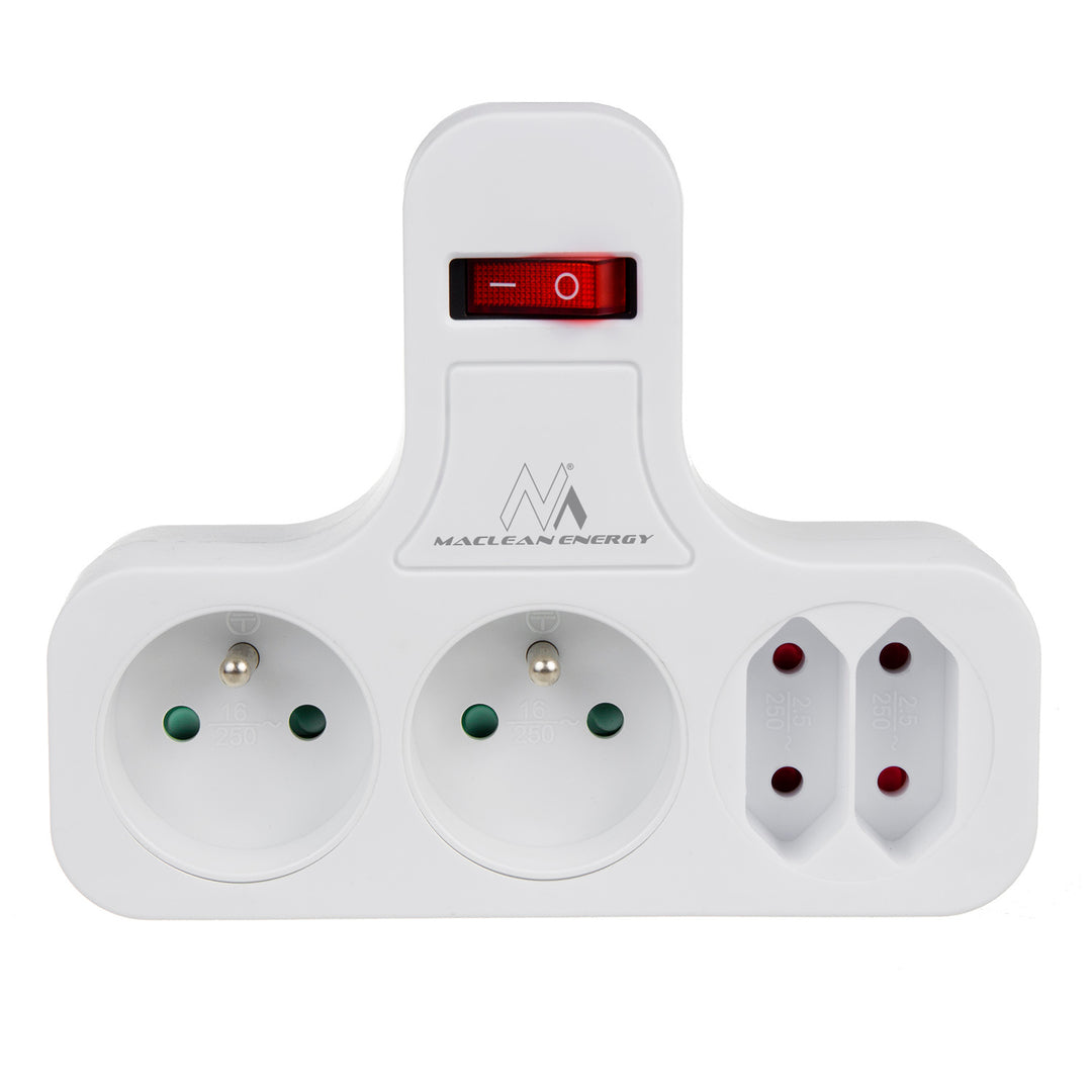 Maclean power socket, quadruple with breaker, stabilizing foot, type E, 2x2,5A, 2x16A, MCE224