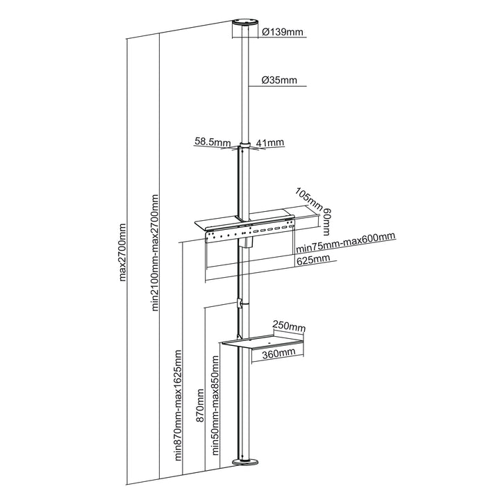 Maclean MC-791N Telescopic TV Bracket Ceiling &amp; Floor Mount Universal Holde 37 "- 70" 30 kg QLED OLED LED LCD DVD