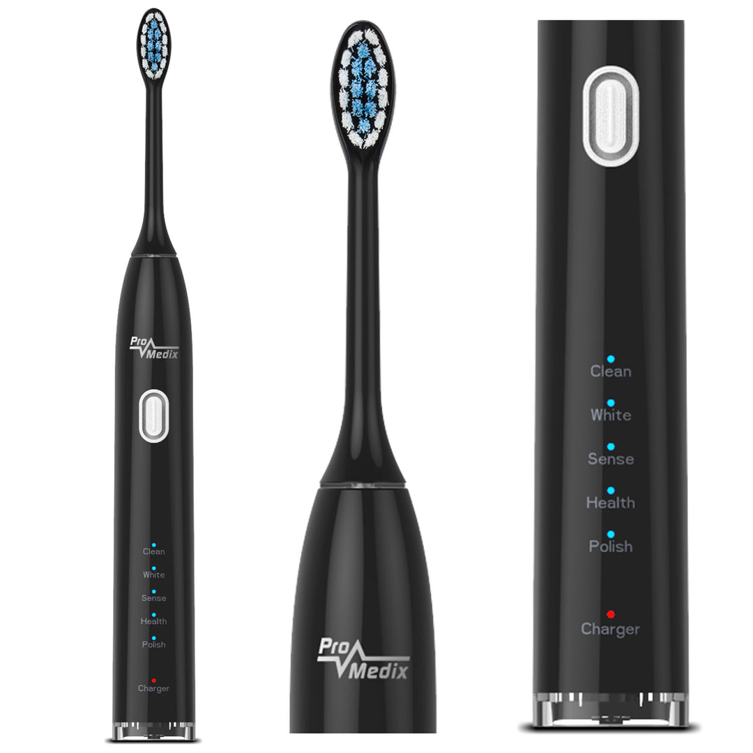 Promedix PR-740 B Brosse à dents électrique sonique étui de voyage 5 modes de nettoyage 2 têtes de brosse minuterie de 2 minutes IPX7 charge USB étanche Noir