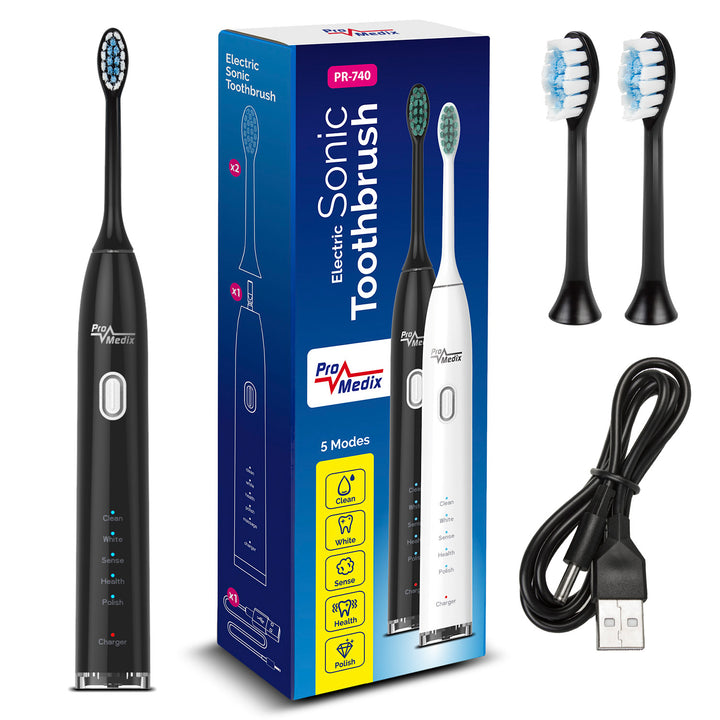 Promedix PR-740 B Brosse à dents électrique sonique étui de voyage 5 modes de nettoyage 2 têtes de brosse minuterie de 2 minutes IPX7 charge USB étanche Noir