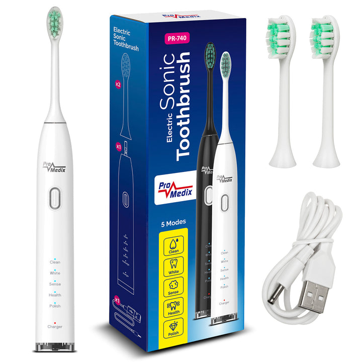 Cepillo de dientes sónico Promedix PR-740 W blanco, 5 modos, temporizador, indicador de nivel de batería 2 cabezales en el set y cable USB